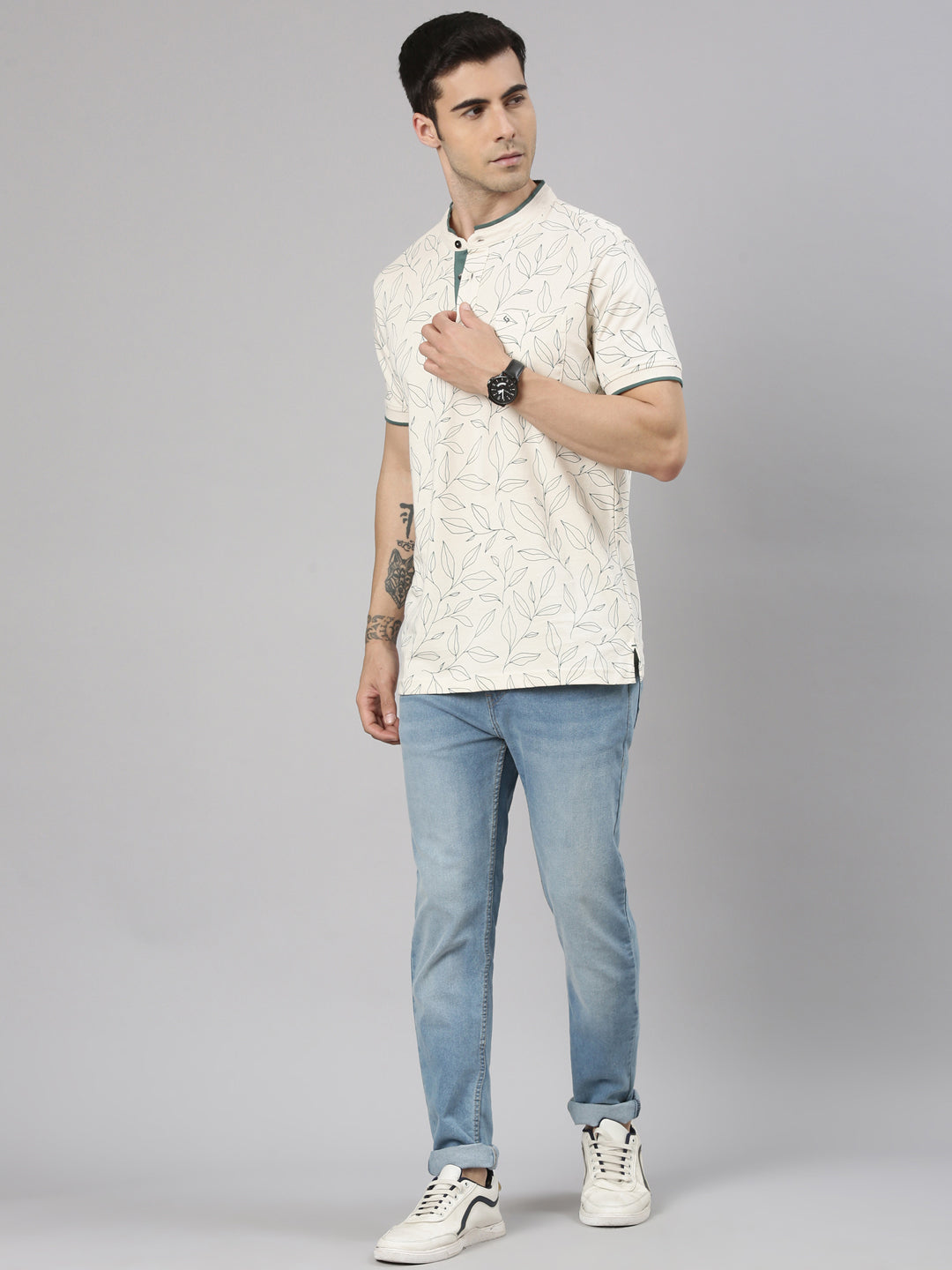 Classic Polo Men's Half Sleeve Beige Mandarin Collar Slim Fit All-Over Print Cotton T-Shirt | BELLO - 367 A SF P