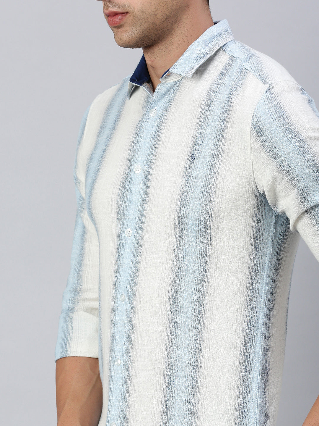 Classic Polo Men's Full Sleeve Off-White/Blue Polo Neck Slim Fit Striped Shirt | SP2-GN-01 B-FS-STR-BSL