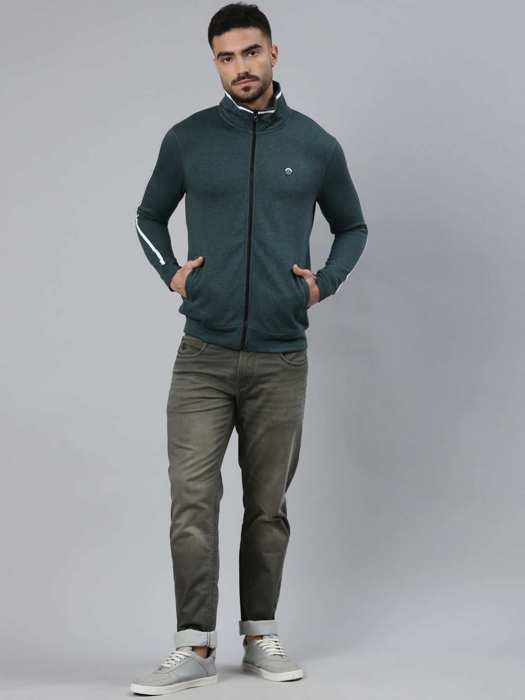 Classic Polo Men's Dark Green High Neck Front Open Zipper Solid Side Pocket Sweatshirt | LSWT - 02 A
