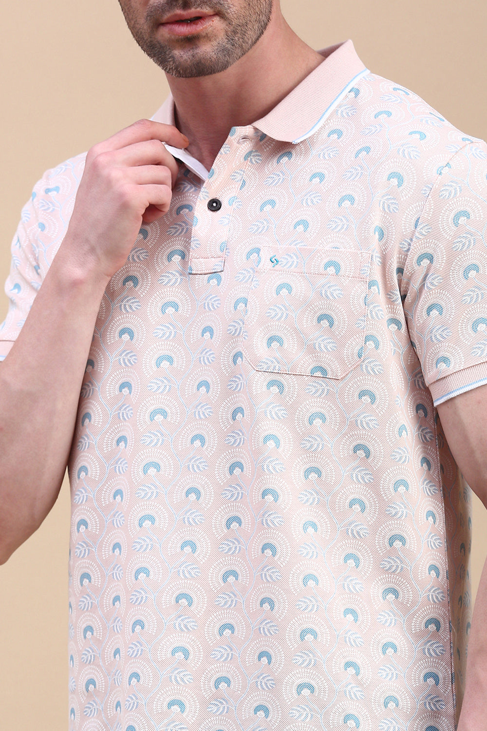 Classic Polo Men's Half Sleeve Peach Polo Neck Slim Fit All Over Print T-Shirt | BEAU - 271 A SF P