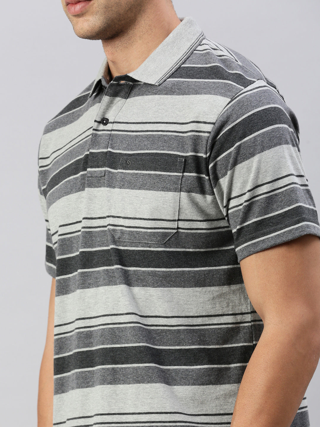 Classic Polo Men's Half Sleeve Grey/Charcoal Black Polo Neck Authentic Fit Striped T-Shirt | MEL - 256 B AF P