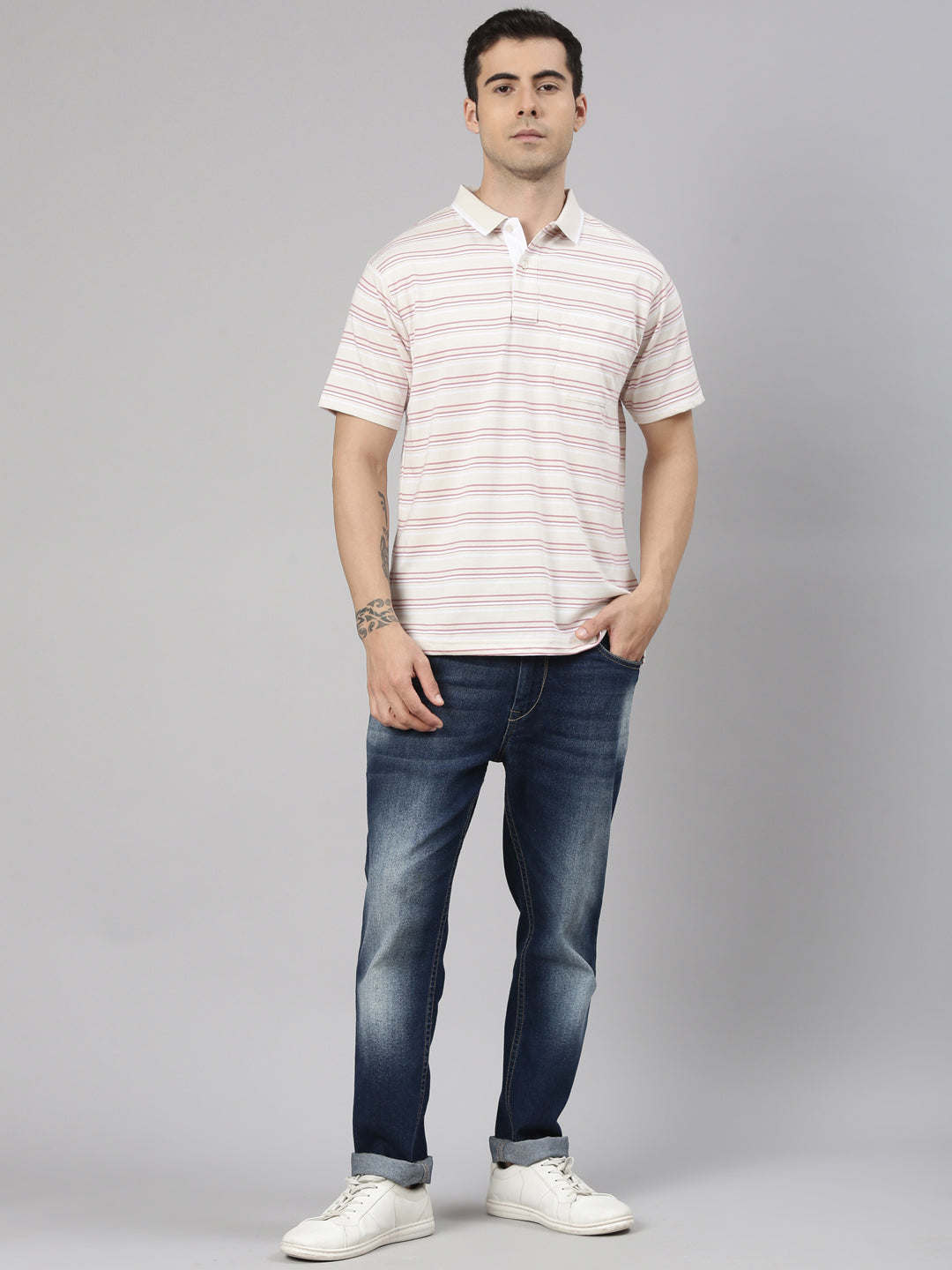 Classic Polo Men's Half Sleeve Off-White/Pink Polo Neck Authentic Fit Striped Cotton T-Shirt | FEEDERS - 297 B AF P