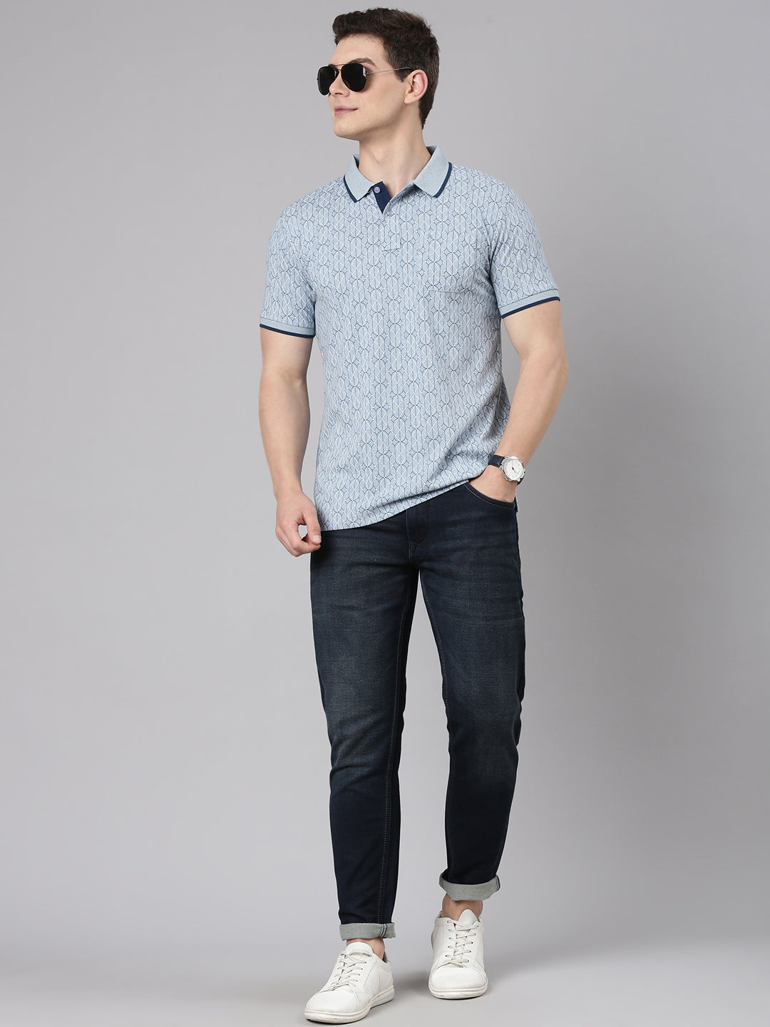 Classic Polo Men's Half Sleeve Blue Polo Neck Slim Fit All Over Print Cotton T-Shirt | BEAU - 290 A SF P