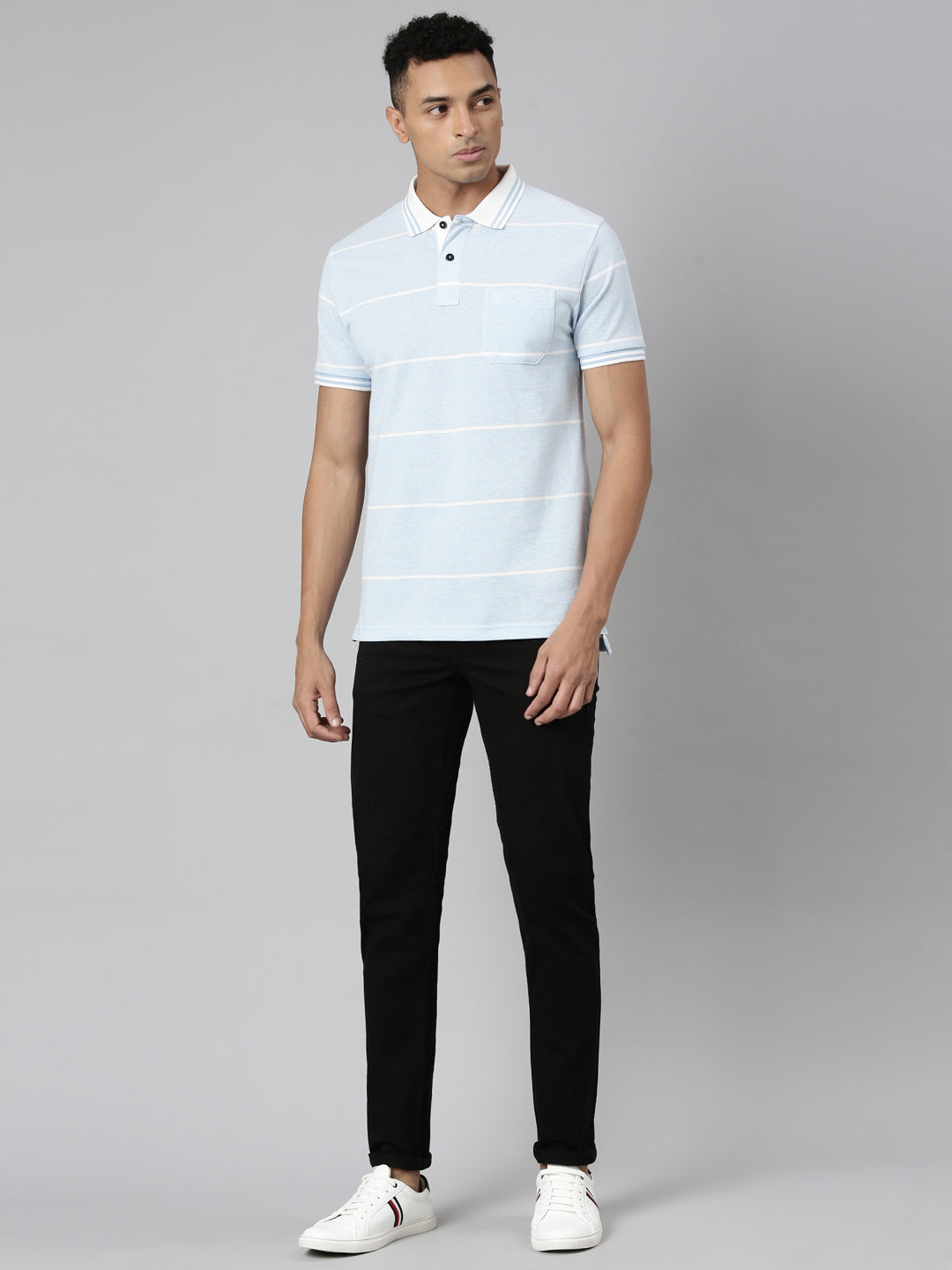 Classic Polo Men's Polo Neck Cotton Sky Blue Slim Fit Striped T-Shirt | ADORE-216 B SF P