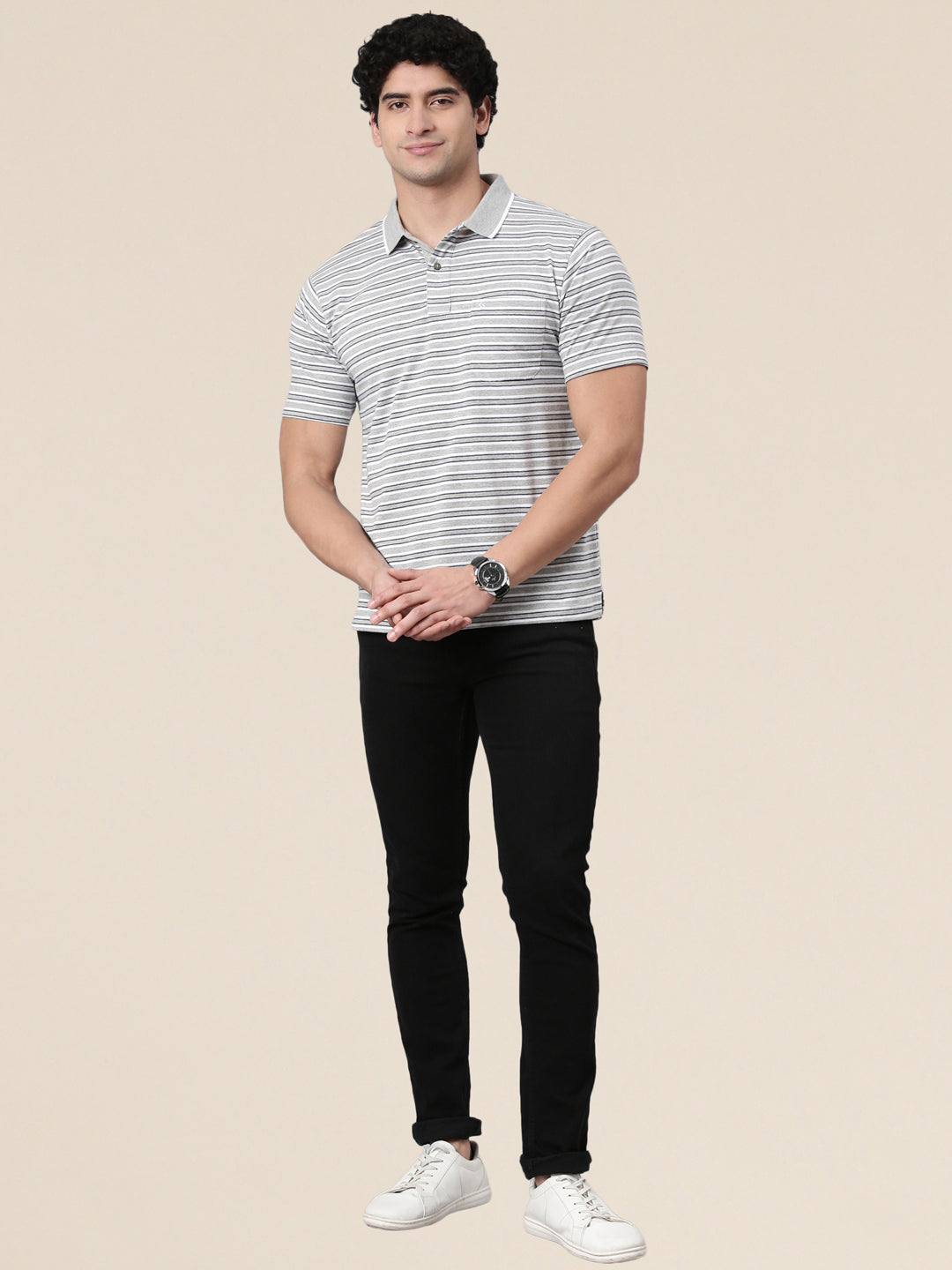 Classic Polo Men's Half Sleeve Grey/White Polo Neck Authentic Fit Striped Cotton Blend T-Shirt | FEEDERS - 312 B AF P