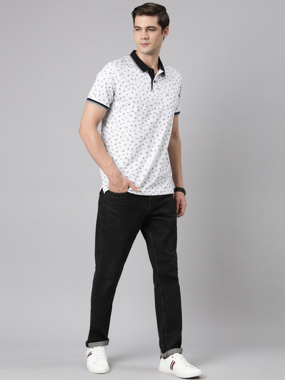 Classic Polo Men's Polo Neck Cotton White/Black Slim Fit Printed T-Shirt | BELLO-285 A SF P