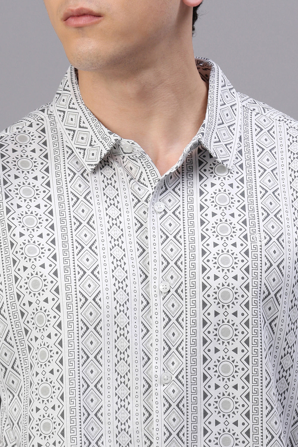 Classic Polo Men's Half Sleeve White/Grey Polo Neck Slim Fit All-Over Print Drop Shoulder Shirt