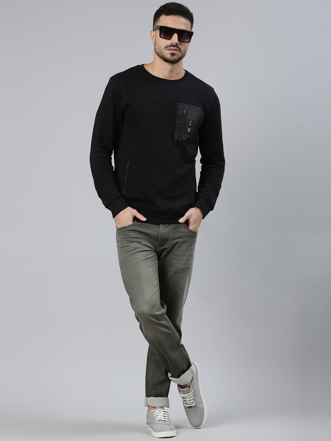 Classic Polo Men's Black Crew Neck Pull Over Solid Side Zipper Pocket Sweatshirt | CPSS - 501 A