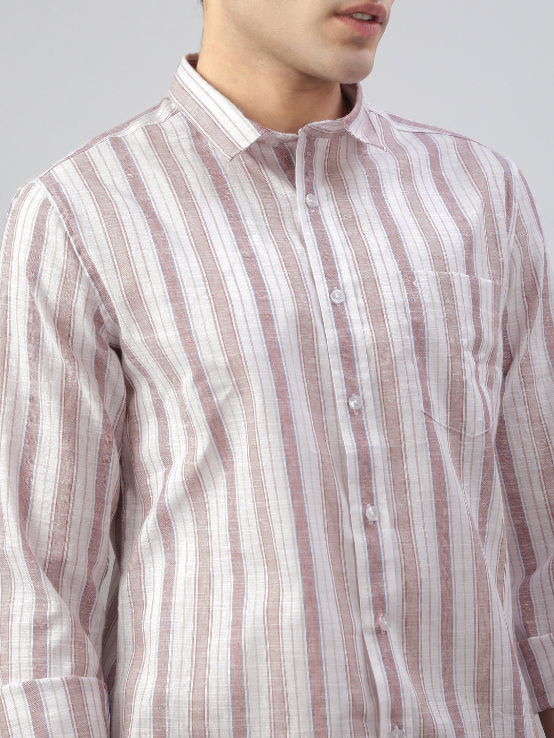Classic Polo Men's Full Sleeve Lt.Brown/White Polo Neck Slim Fit Striped Shirt||SP2-CL-25 B-FS-STR-SF