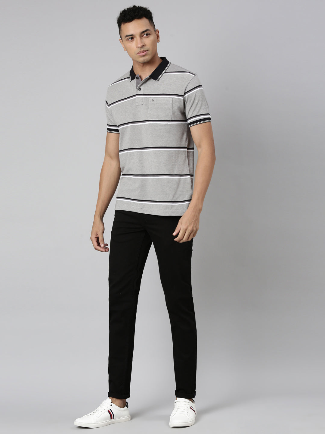 Classic Polo Men's Polo Neck Cotton Grey Slim Fit Striped T-Shirt | ADORE-221 A SF P