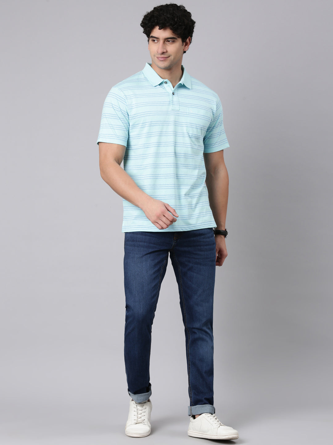 Classic Polo Men's Half Sleeve Blue Polo Neck Authentic Fit Striped Cotton Blend T-Shirt | AVON - 656 B AF P
