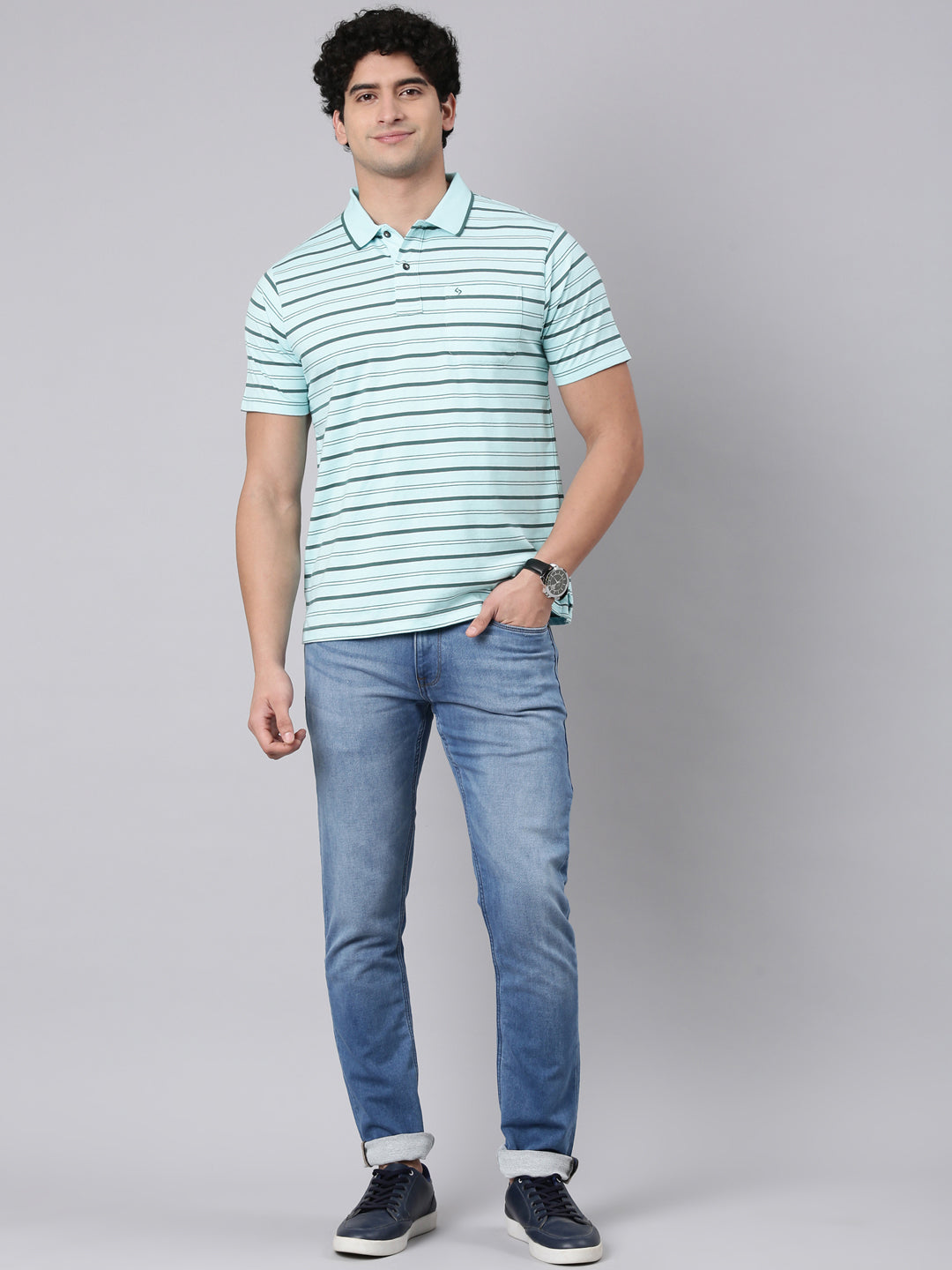 Classic Polo Men's Half Sleeve Light Green Polo Neck Authentic Fit Striped Cotton Blend T-Shirt | FEEDERS - 310 A AF P