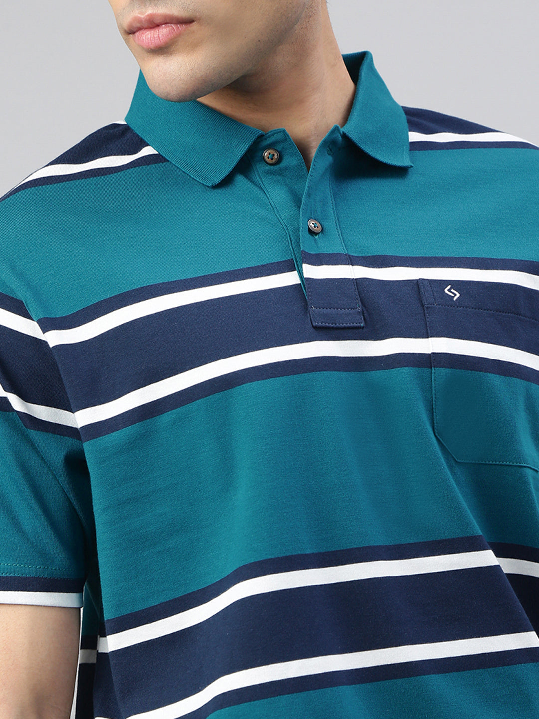 Classic Polo Men's Half Sleeve Teal Blue/Navy Polo Neck Authentic Fit Striped T-Shirt||AVON - 614 B AF P