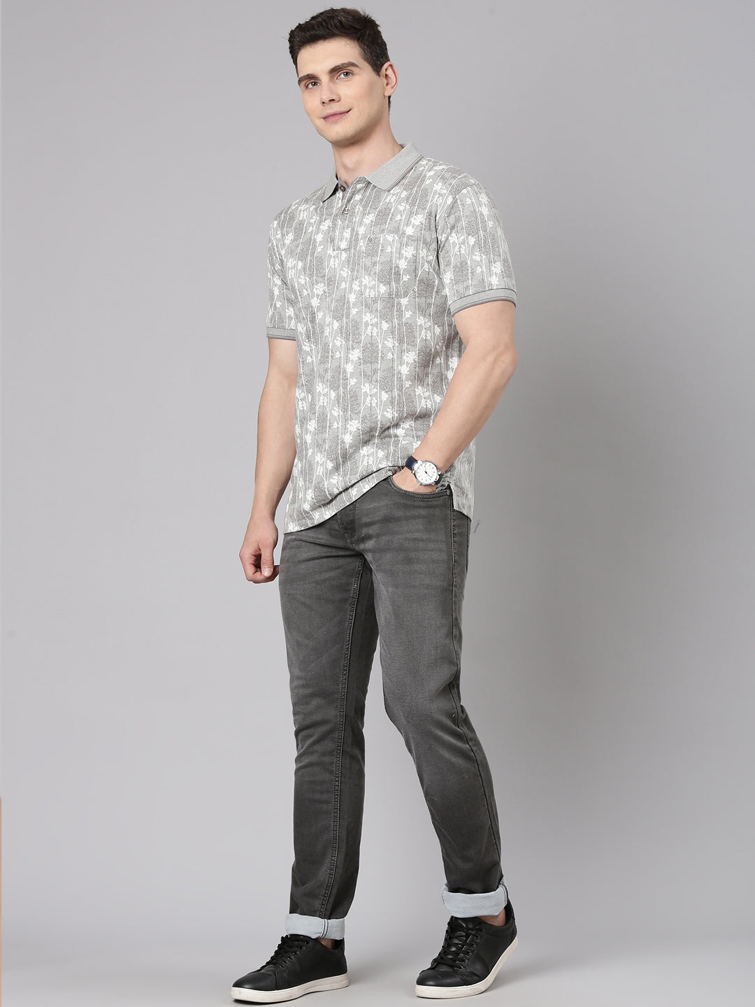 Classic Polo Men's Half Sleeve Grey/White Polo Neck Slim Fit All Over Print Cotton T-Shirt | BELLO - 354 A SF P