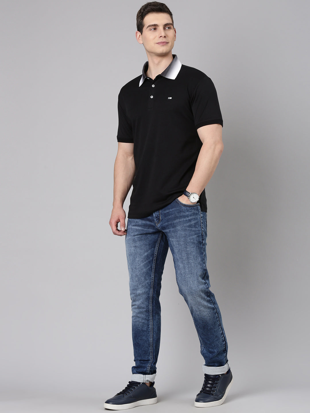 Classic Polo Men's Half Sleeve Black Polo Neck Slim Fit Solid Cotton T-Shirt | ELITE-POLO-41 B SF P