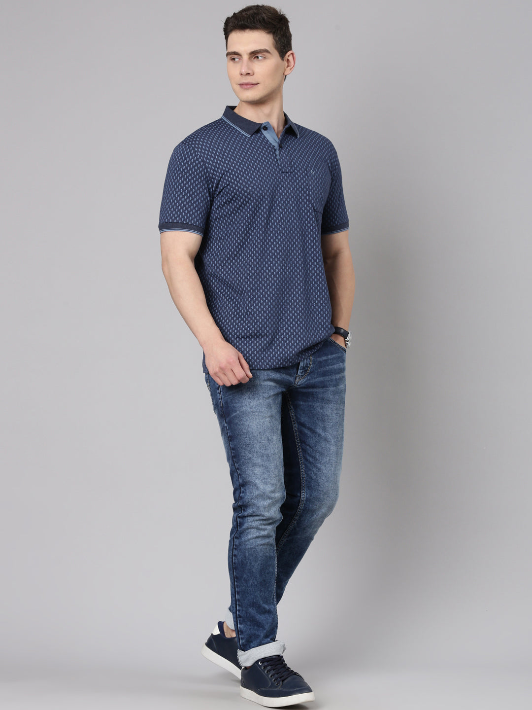 Classic Polo Men's Half Sleeve Navy Blue Polo Neck Slim Fit All Over Print Cotton T-Shirt | BELLO - 344 B SF P