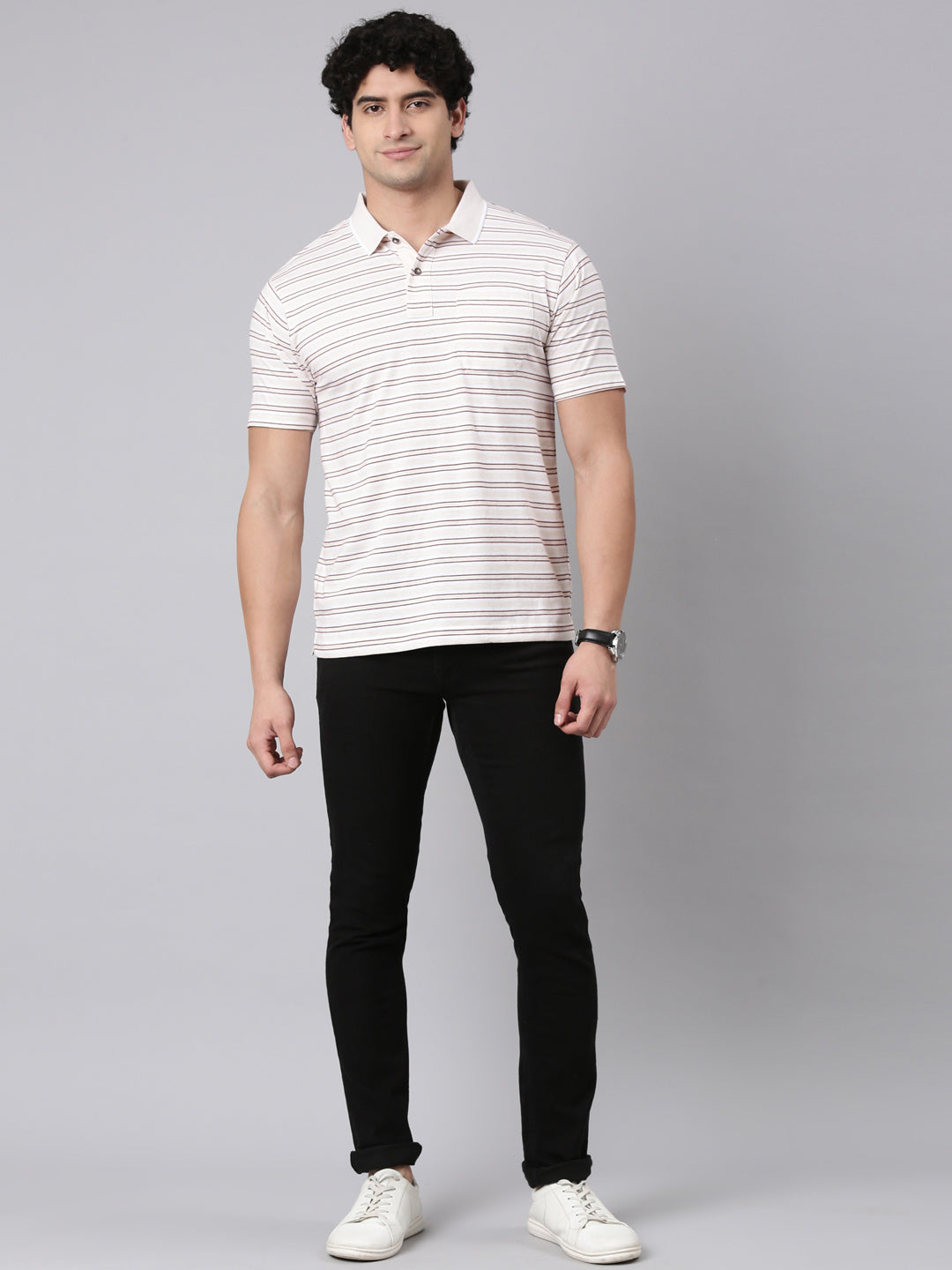 Classic Polo Men's Half Sleeve White Polo Neck Authentic Fit Striped Cotton Blend T-Shirt | FEEDERS - 312 A AF P