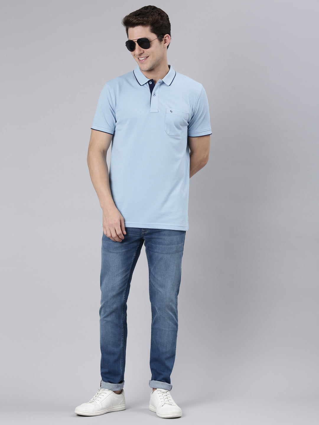 Classic Polo Men's Half Sleeve Blue Polo Neck Slim Fit Solid T-Shirt | ECM-NOVA-POWDER BLUE SF P