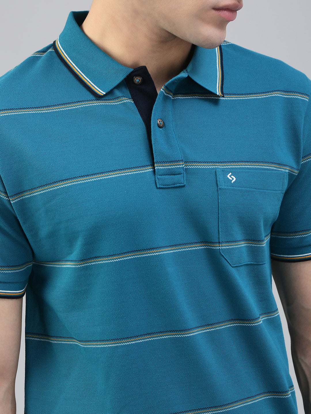 Classic Polo Men's Half Sleeve Teal Blue Polo Neck Slim Fit Striped T-Shirt||ADORE - 231 B SF P