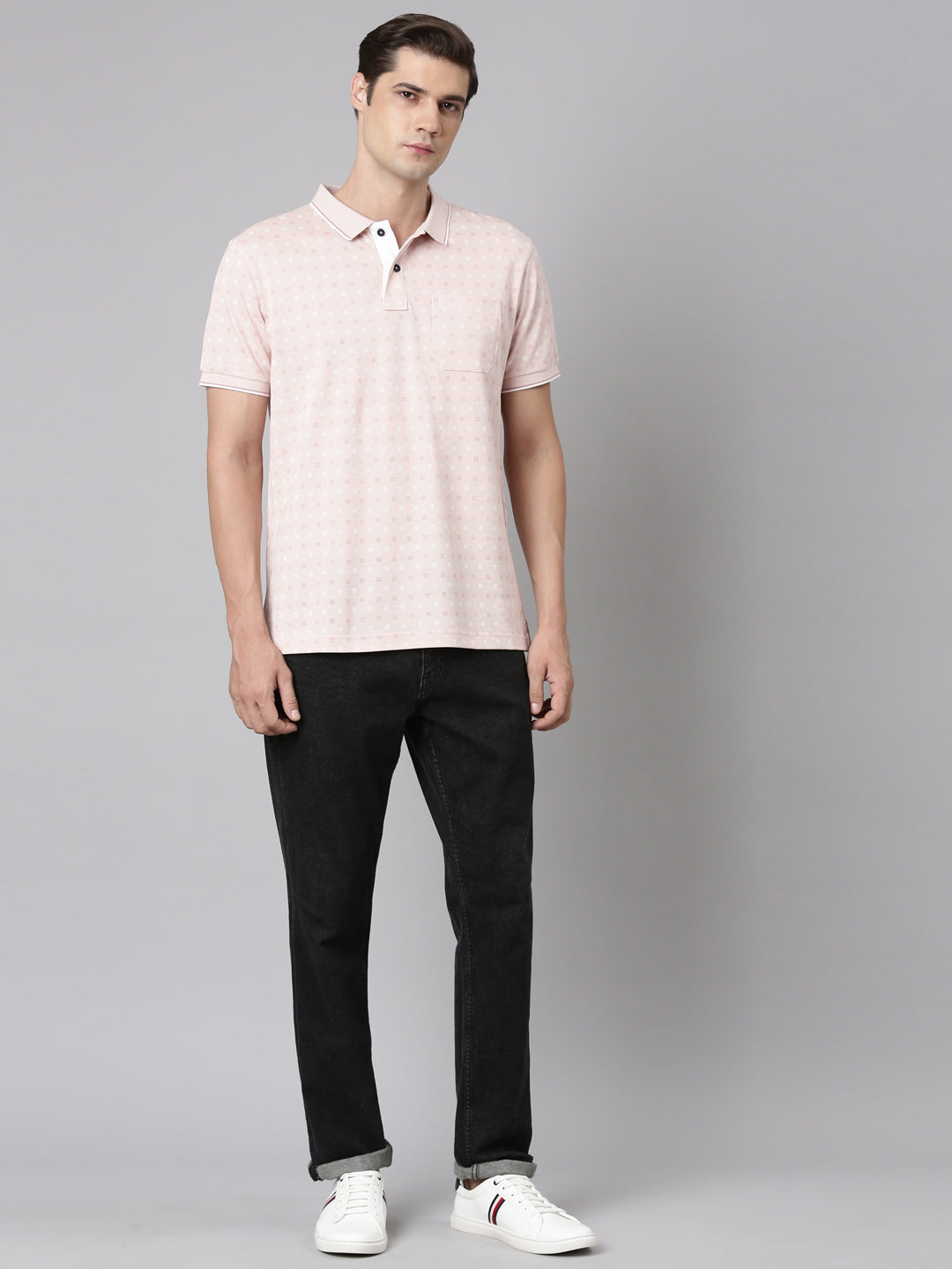 Classic Polo Men's Polo Neck Cotton Lt.Pink Slim Fit Printed T-Shirt | BELLO-280 B SF P