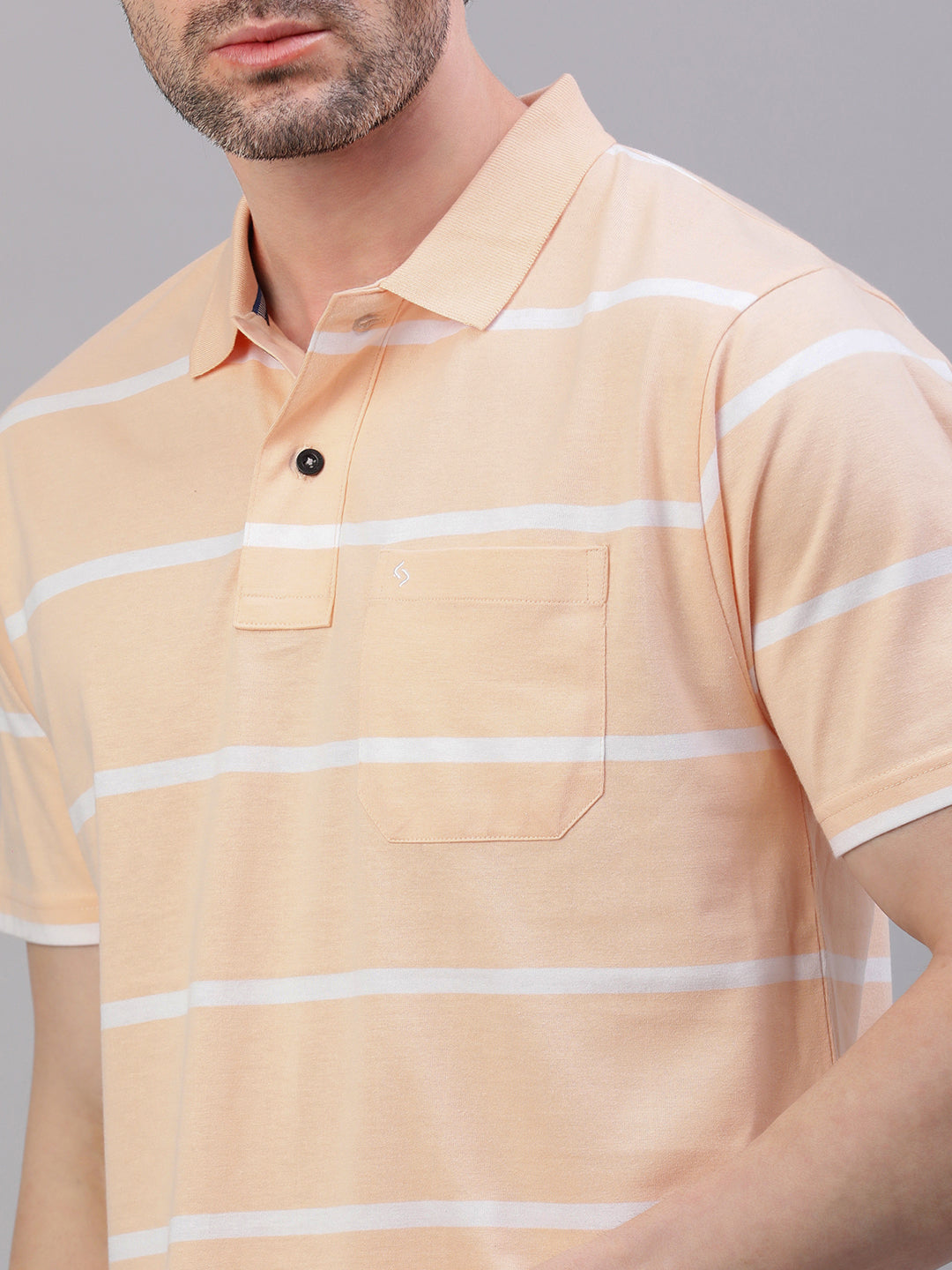 Classic Polo Men's Half Sleeve Lt.Orange/White Polo Neck Authentic Fit Striped T-Shirt||AVON - 609 A AF P