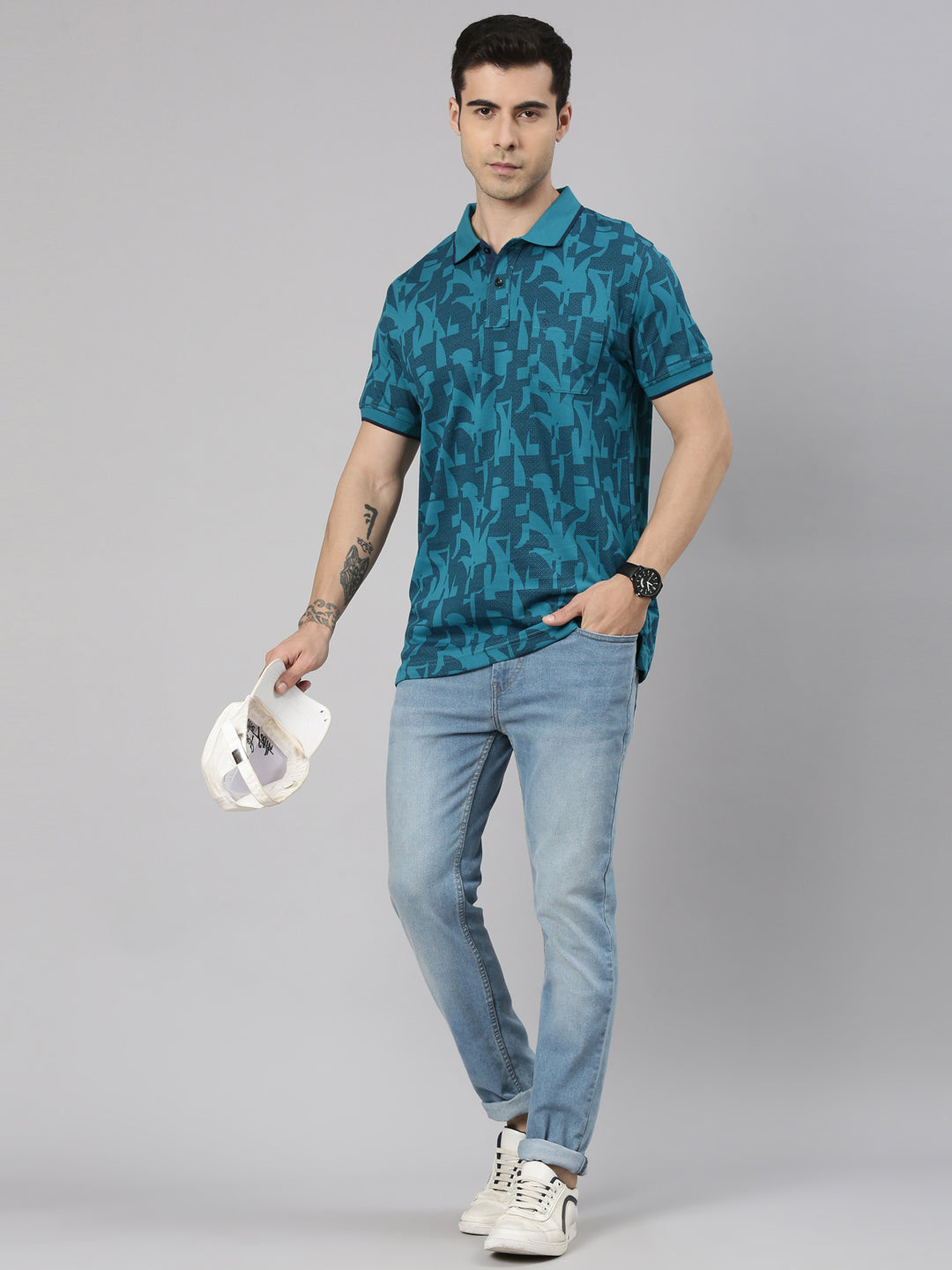 Classic Polo Men's Half Sleeve Teal Blue Polo Neck Slim Fit All-Over Print Cotton T-Shirt | BELLO - 369 A SF P