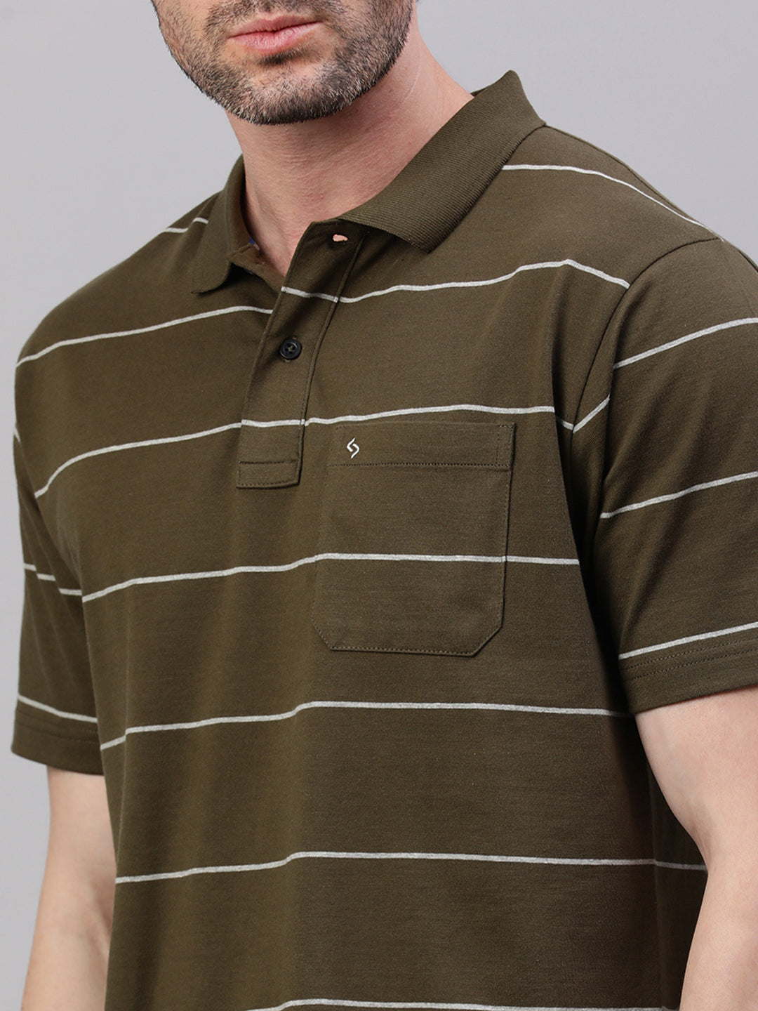 Classic Polo Men's Half Sleeve Olive/white Polo Neck Authentic Fit Striped T-Shirt||AVON - 615 B AF P