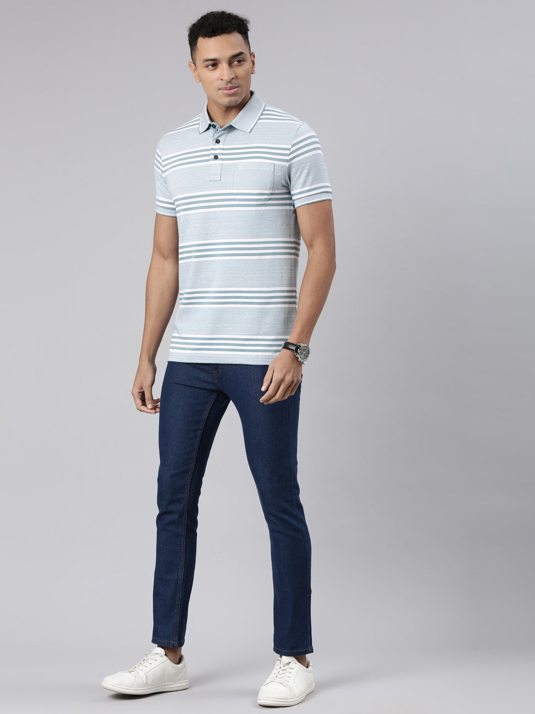 Classic Polo Men's Half Sleeve Blue/White Polo Neck Cotton Blend Slim Fit T-Shirt | ALLUR - 01 A SF P
