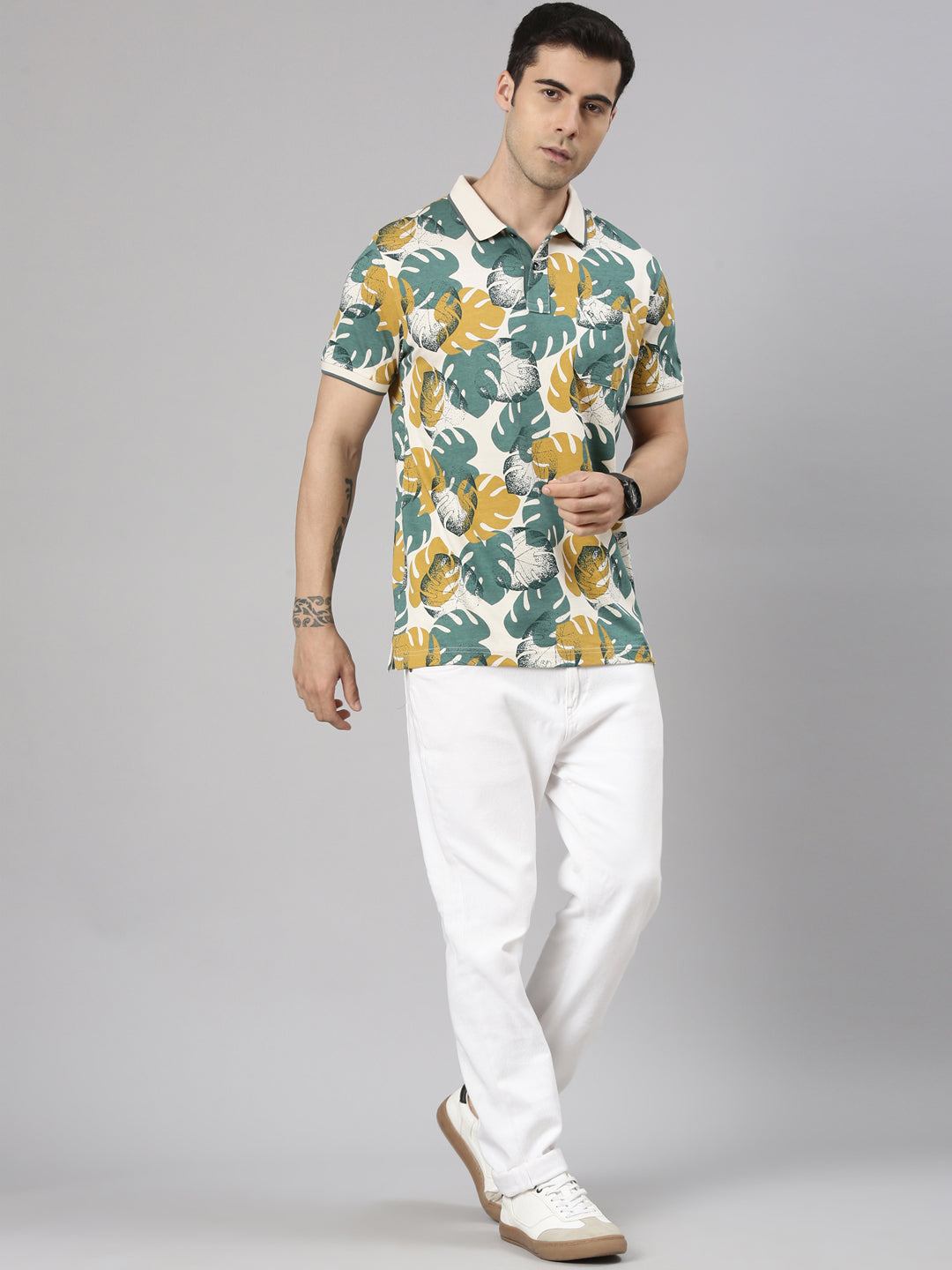 Classic Polo Men's Half Sleeve Multicolor Polo Neck Slim Fit All-Over Print Cotton T-Shirt | BELLO - 373 B SF P