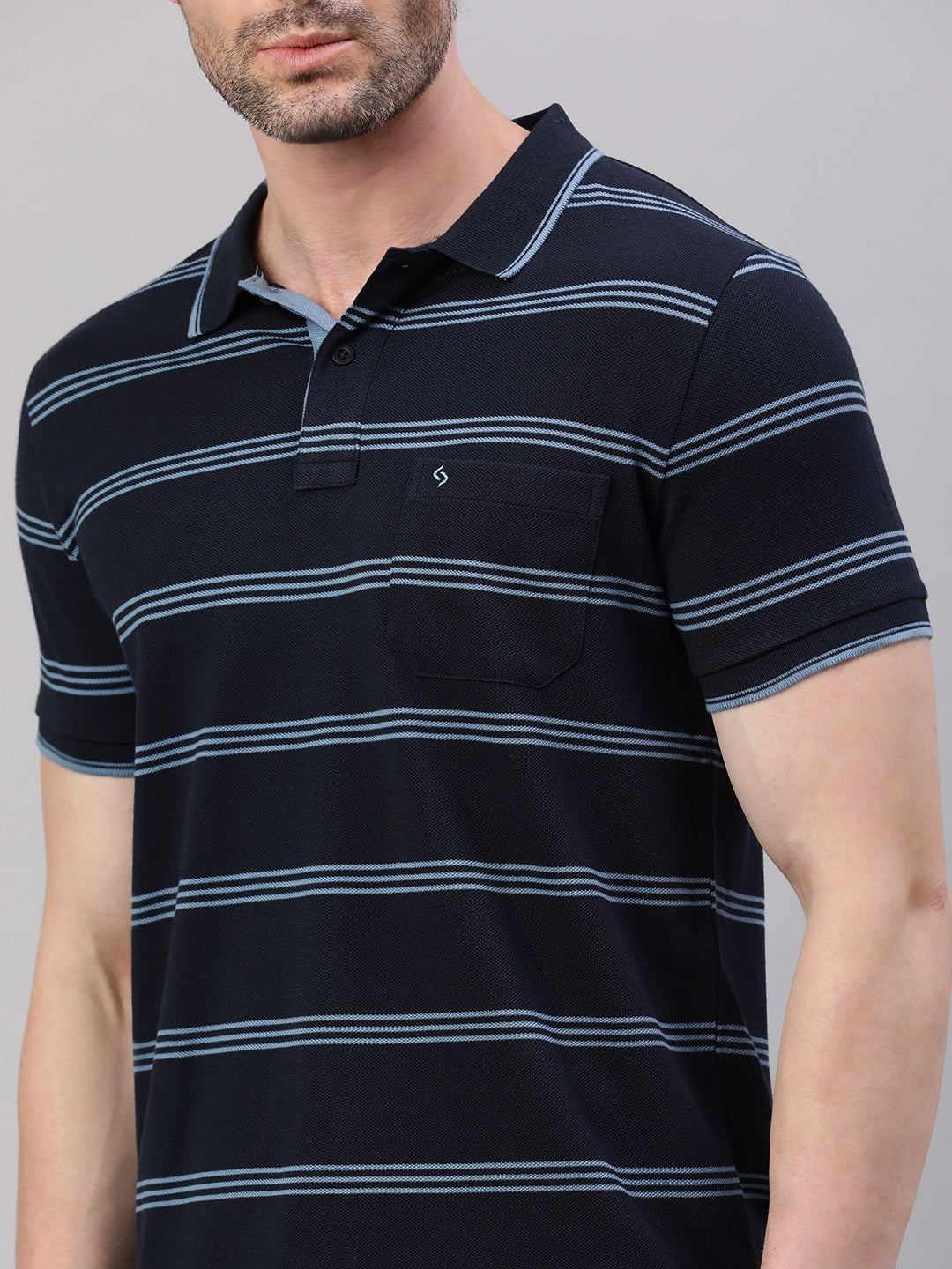 Classic Polo Men's Half Sleeve Navy Blue/Blue Polo Neck Slim Fit Striped T-Shirt||ADORE - 239 B SF P