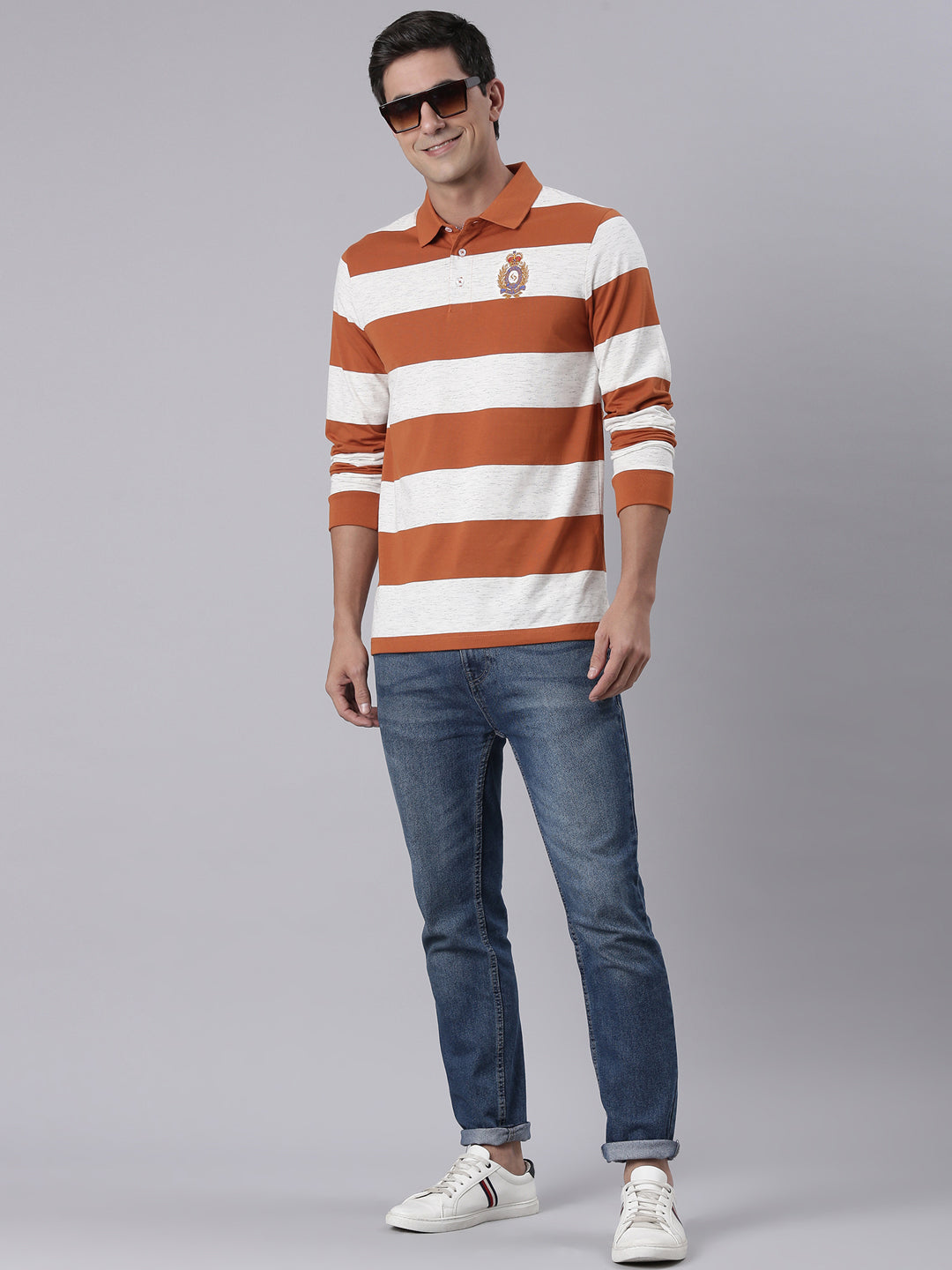 Classic Polo Men's Full Sleeve Rust/Off-White Polo Neck Slim Fit Colorblock Cotton T-Shirt | VERNO - 364 B SF P