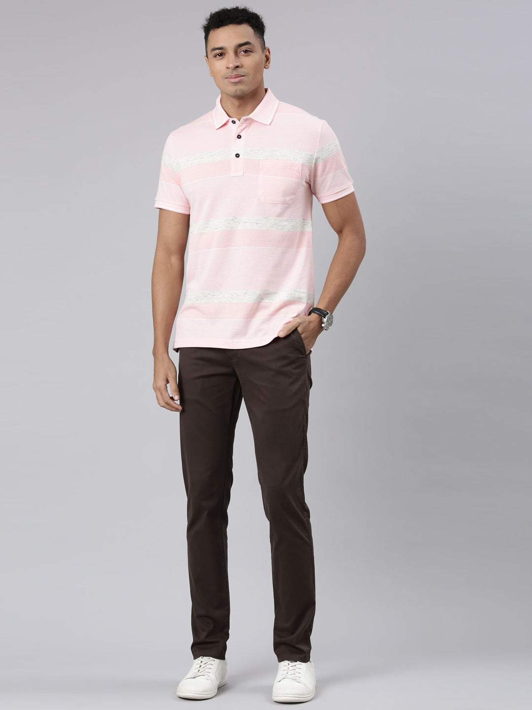 Classic Polo Men's Half Sleeve Lt.Peach/White Polo Neck Cotton Blend Slim Fit T-Shirt | VTA - 267 A SF P
