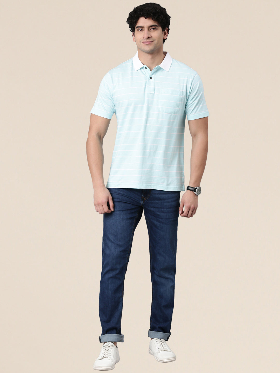 Classic Polo Men's Half Sleeve Light Blue/White Polo Neck Authentic Fit Striped Cotton Blend T-Shirt | AVON - 662 A AF P