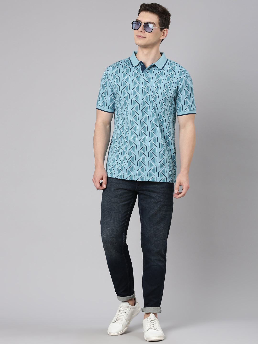 Classic Polo Men's Half Sleeve Turquoise Blue Polo Neck Slim Fit All Over Print Cotton T-Shirt | BEAU - 285 A SF P