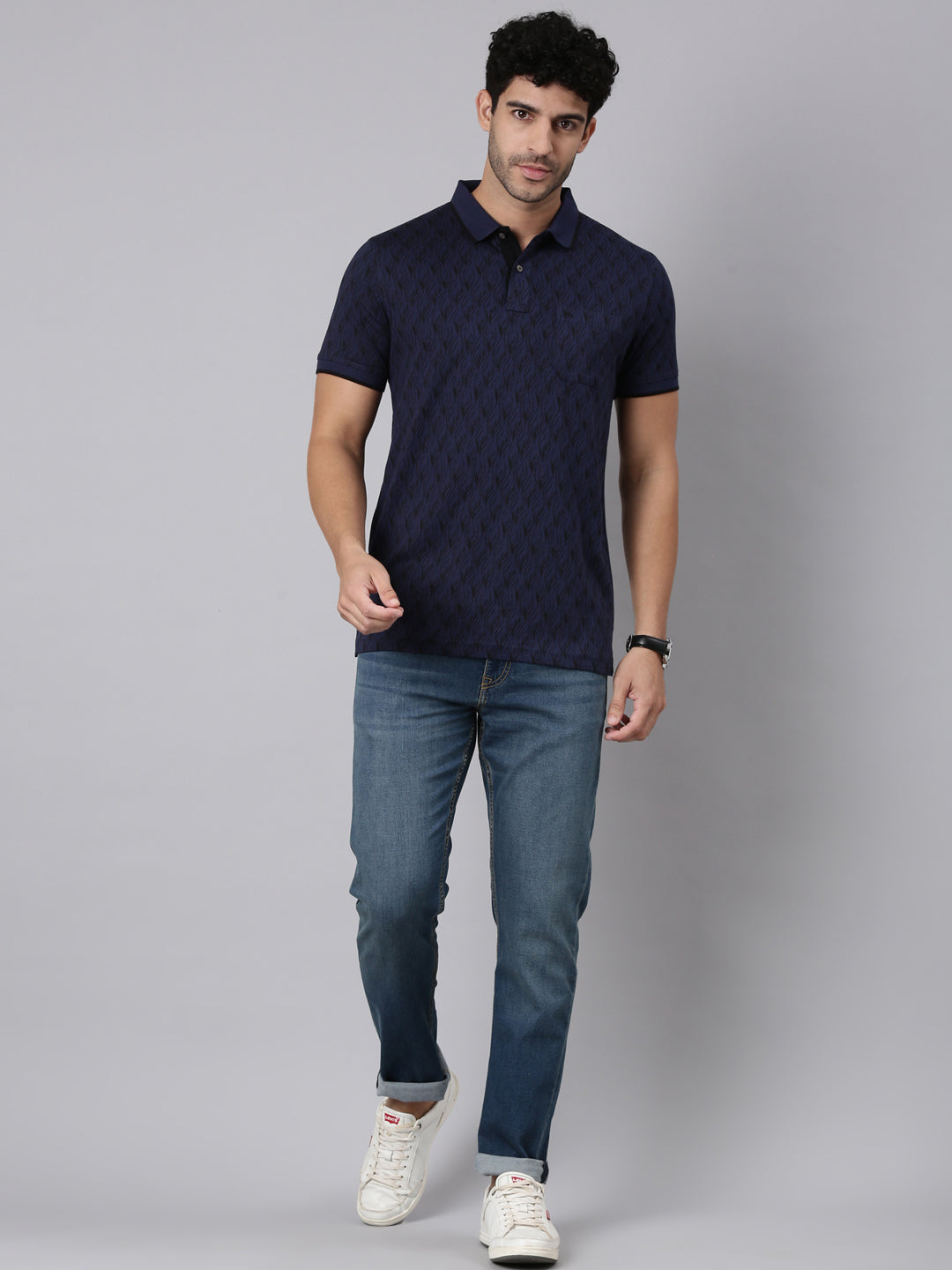 Classic Polo Men's Half Sleeve Navy Blue/Black Polo Neck Slim Fit All-Over Print Cotton T-Shirt | LTS-AOP - 128 A SF P