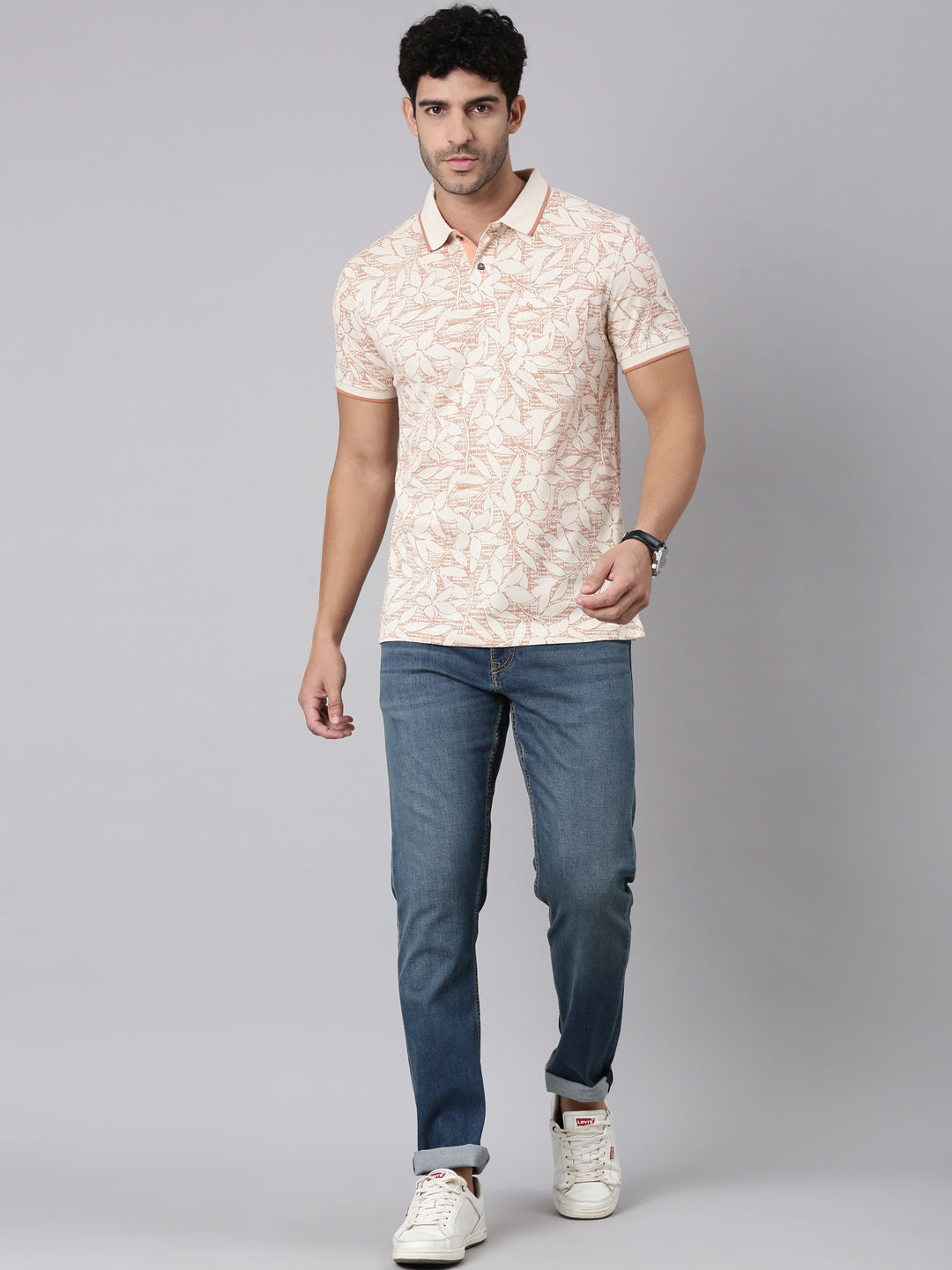 Classic Polo Men's Half Sleeve White/Peach Polo Neck Slim Fit All-Over Print Cotton T-Shirt | BEAU - 311 B SF P