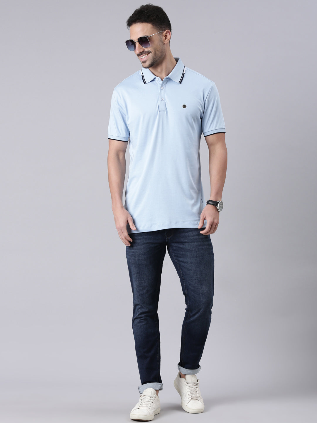 Classic Polo Men's Half Sleeve Light Blue Polo Neck Slim Fit Solid Cotton T-Shirt | ELITE-POLO-49 A SF P