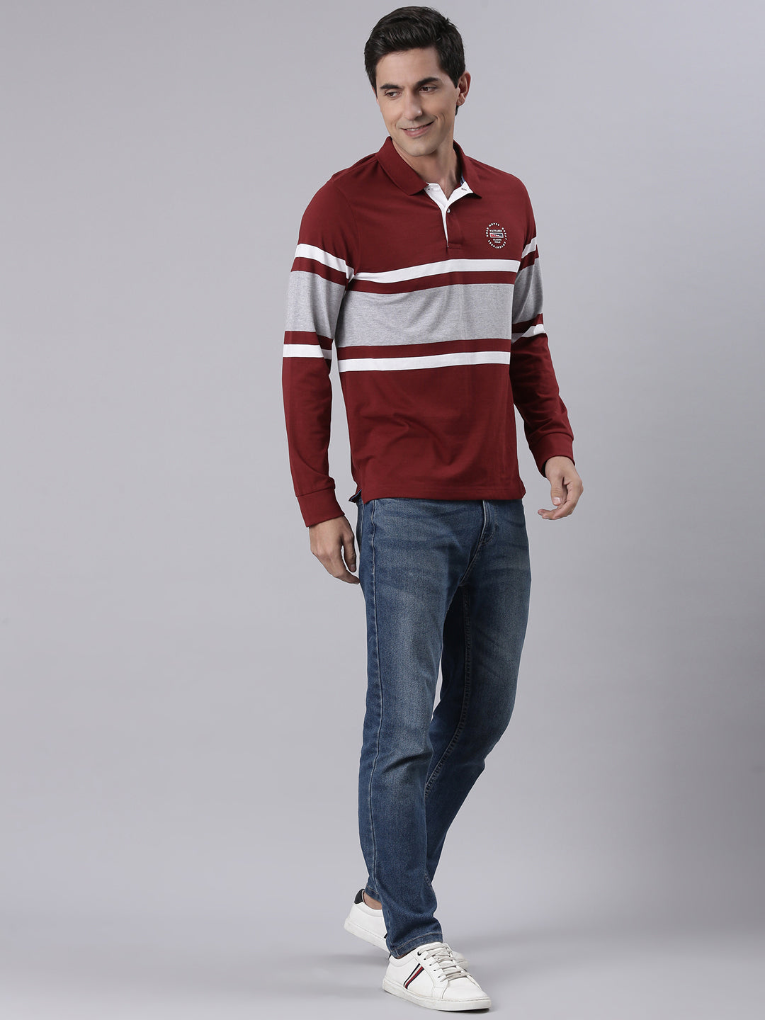 Classic Polo Men's Full Sleeve Maroon/Grey Polo Neck Slim Fit Colorblock Cotton T-Shirt | VERNO - 367 B SF P