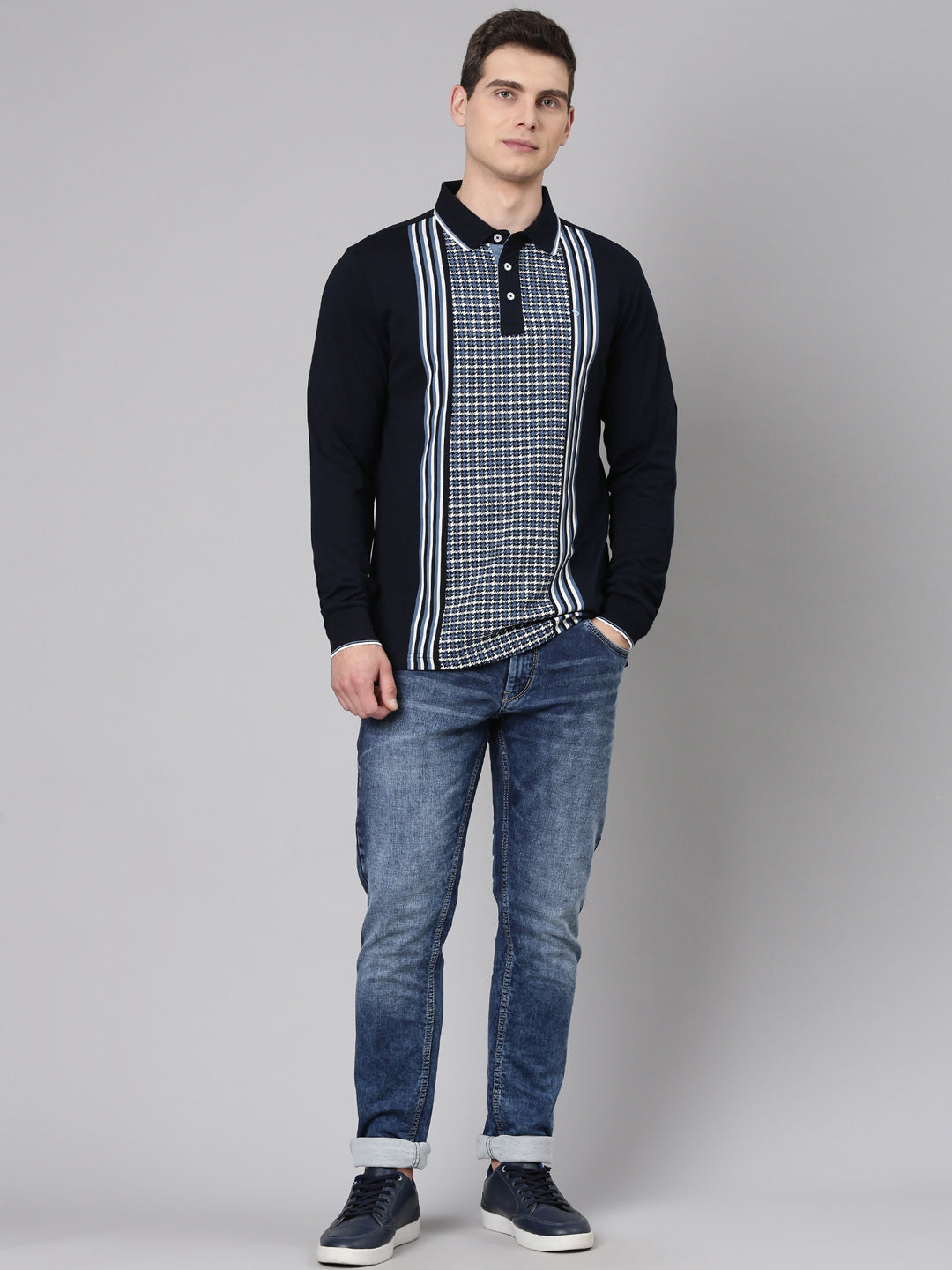 Classic Polo Men's Full Sleeve Multicolor Polo Neck Slim Fit Printed Cotton T-Shirt | VERNO - 370 A SF P