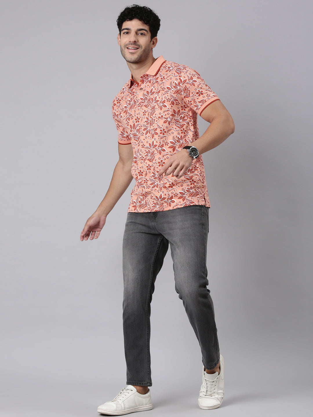 Classic Polo Men's Half Sleeve Dark Peach Polo Neck Slim Fit All-Over Print Cotton T-Shirt | BELLO - 402 B SF P