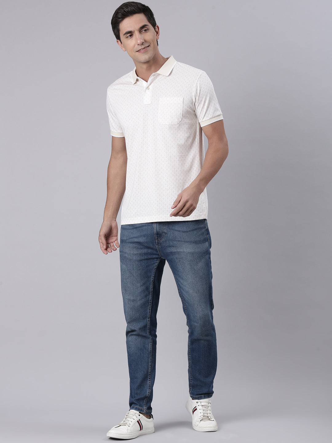 Classic Polo Men's Half Sleeve Beige/White Polo Neck Slim Fit All Over Print Cotton T-Shirt | LTS-AOP - 100 A SF P