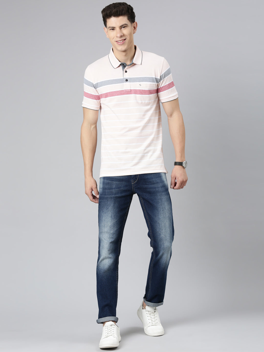 Classic Polo Mens Striped Cream Polo Neck Slim Fit T-Shirt | VTA - 265 B SF P