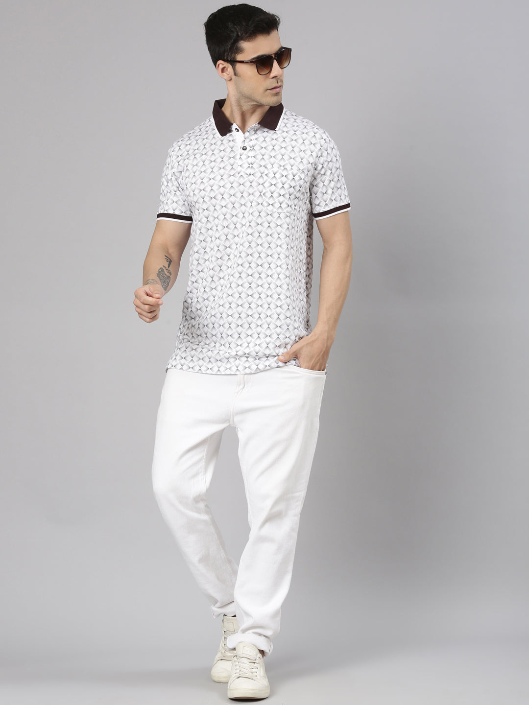 Classic Polo Men's Half Sleeve White/Dark Brown Polo Neck Slim Fit All-Over Print Cotton T-Shirt | BELLO - 351 B SF P
