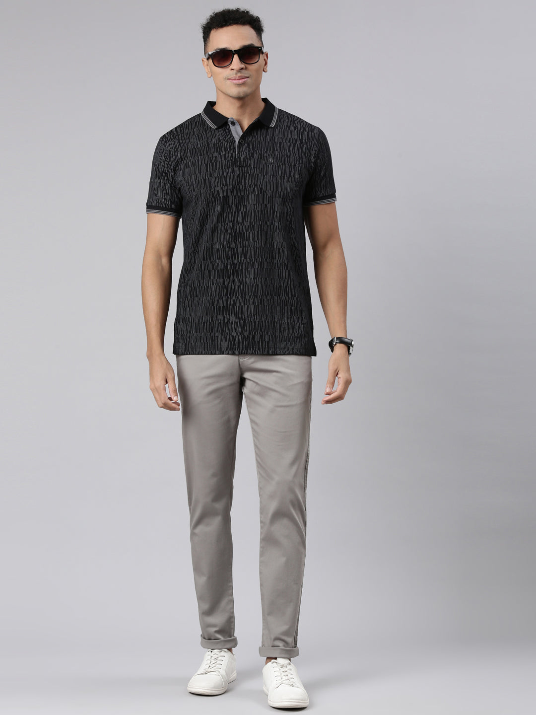Classic Polo Men's Half Sleeve Black/Grey Polo Neck Cotton Blend Slim Fit T-Shirt | BELLO - 306 B SF P