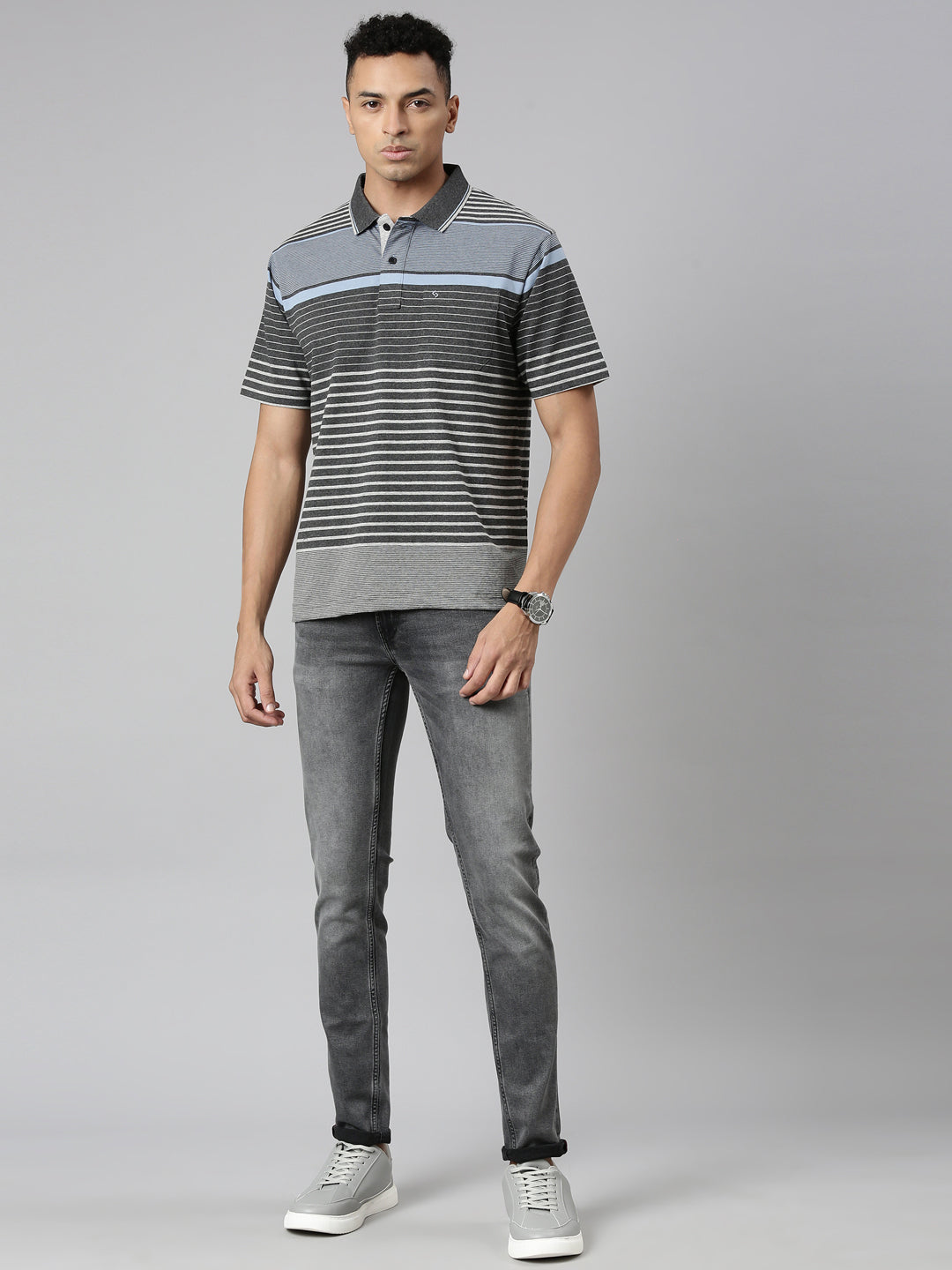 Classic Polo Men's Polo Neck Cotton Navy/Grey Authentic Fit Striped T-Shirt | MEL-252 B AF P