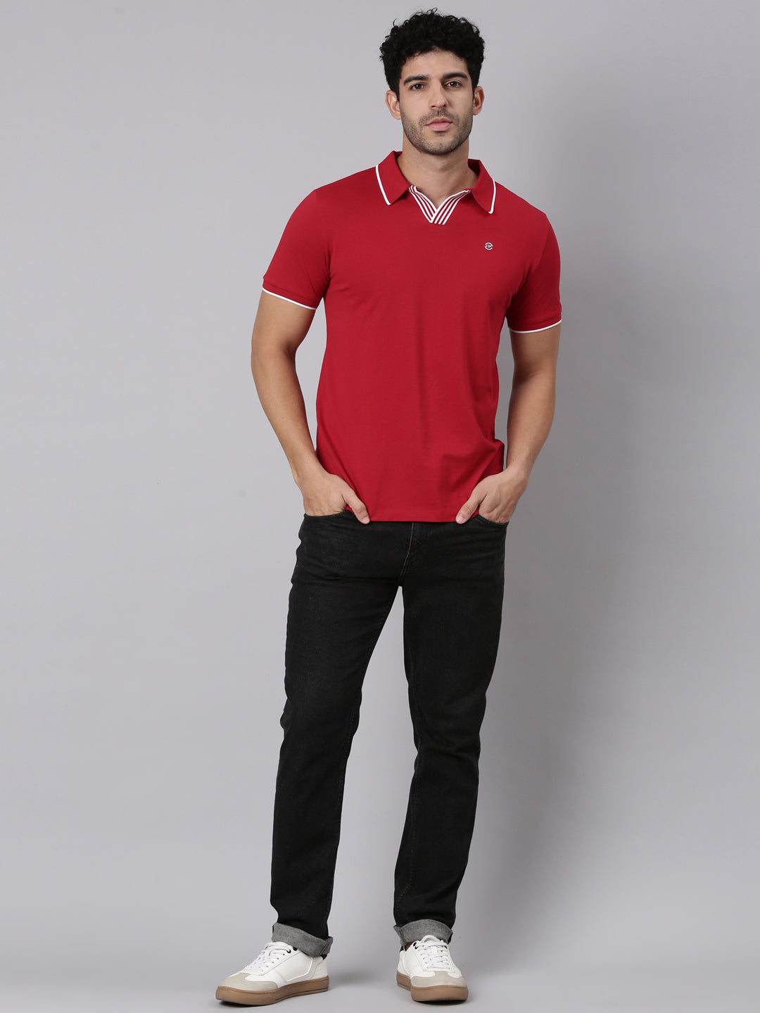 Classic Polo Men's Half Sleeve Red Polo Neck Slim Fit Solid Cotton Blend T-Shirt | RAVE POLO - 03 B SF P