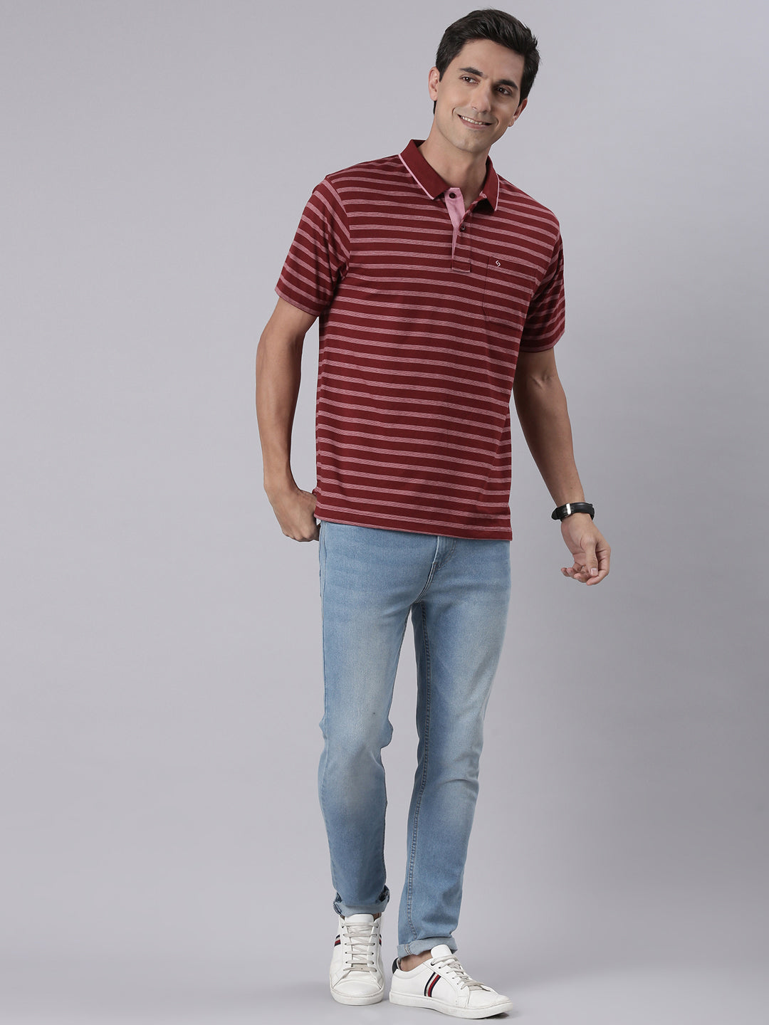 Classic Polo Men's Half Sleeve Maroon Polo Neck Authentic Fit Striped Cotton T-Shirt | FEEDERS - 298 A AF P