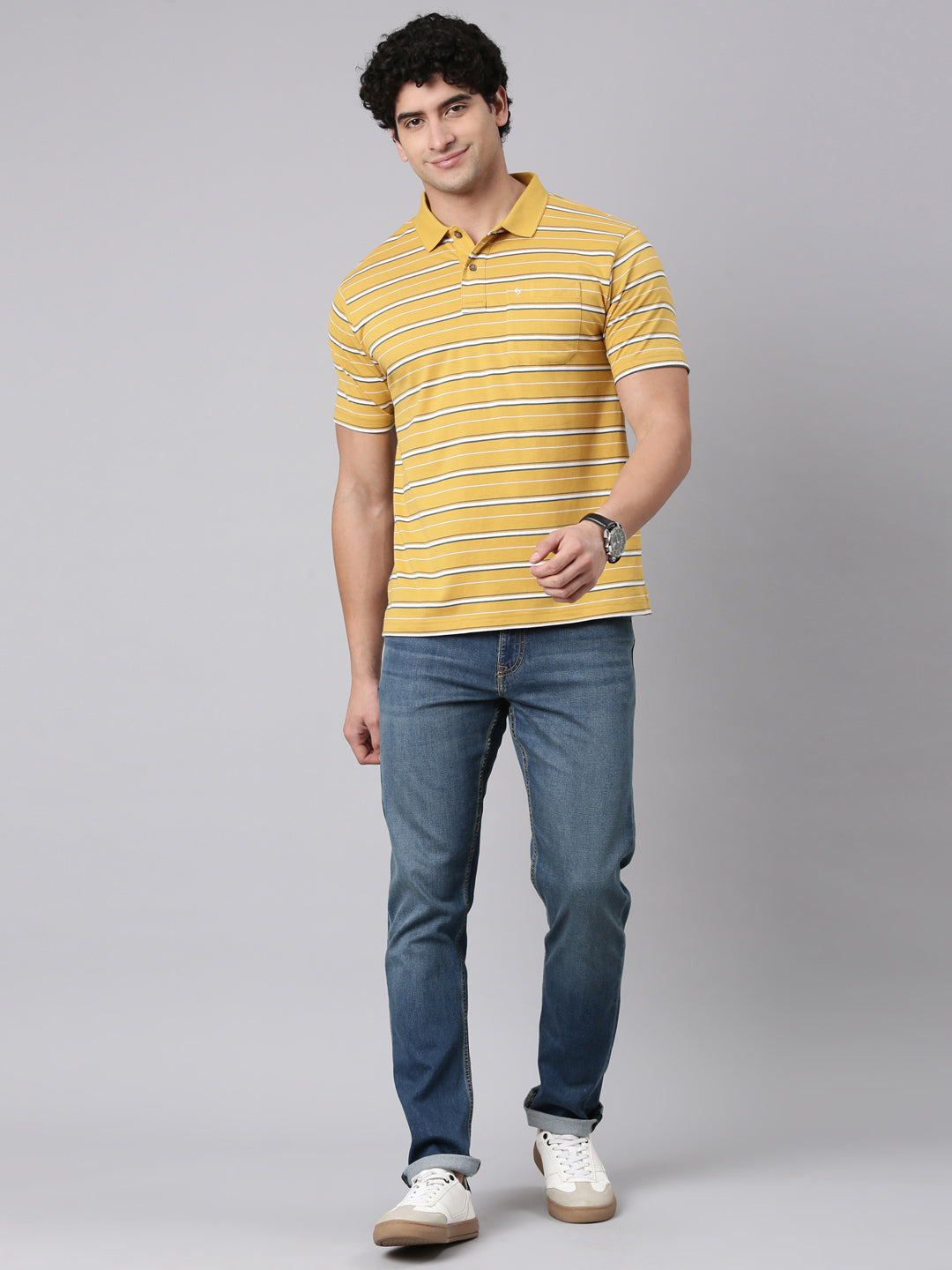 Classic Polo Men's Half Sleeve Mustard Yellow Polo Neck Authentic Fit Striped Cotton Blend T-Shirt | FEEDERS - 307 A AF P