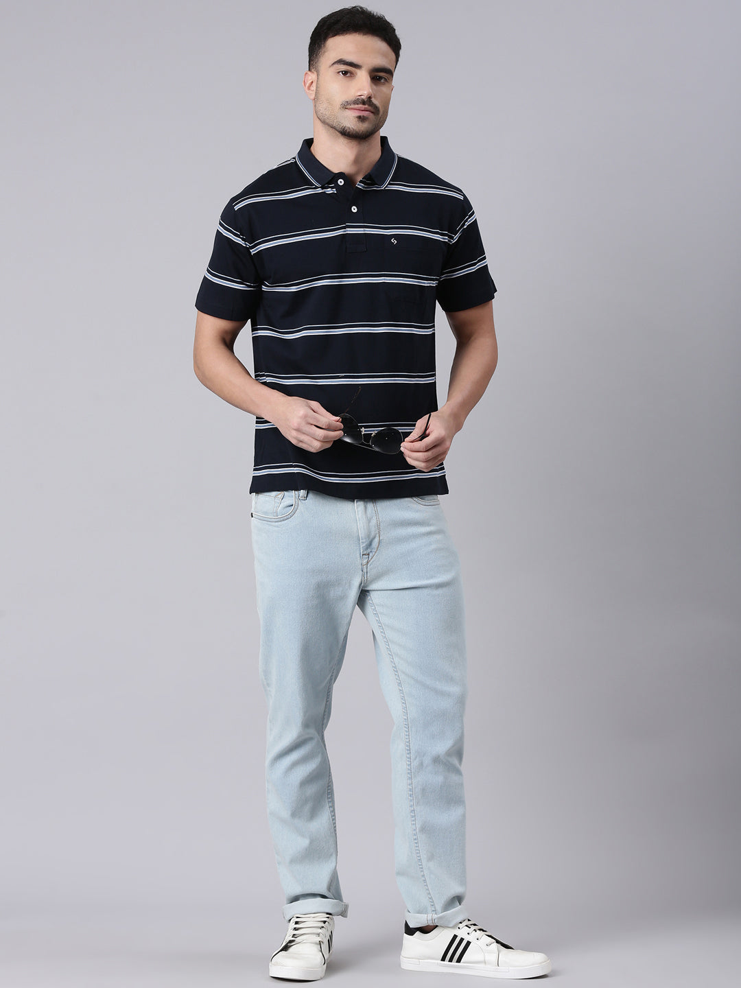 Classic Polo Men's Half Sleeve Black/White Polo Neck Authentic Fit Striped Cotton T-Shirt | AP - 112 B AF P