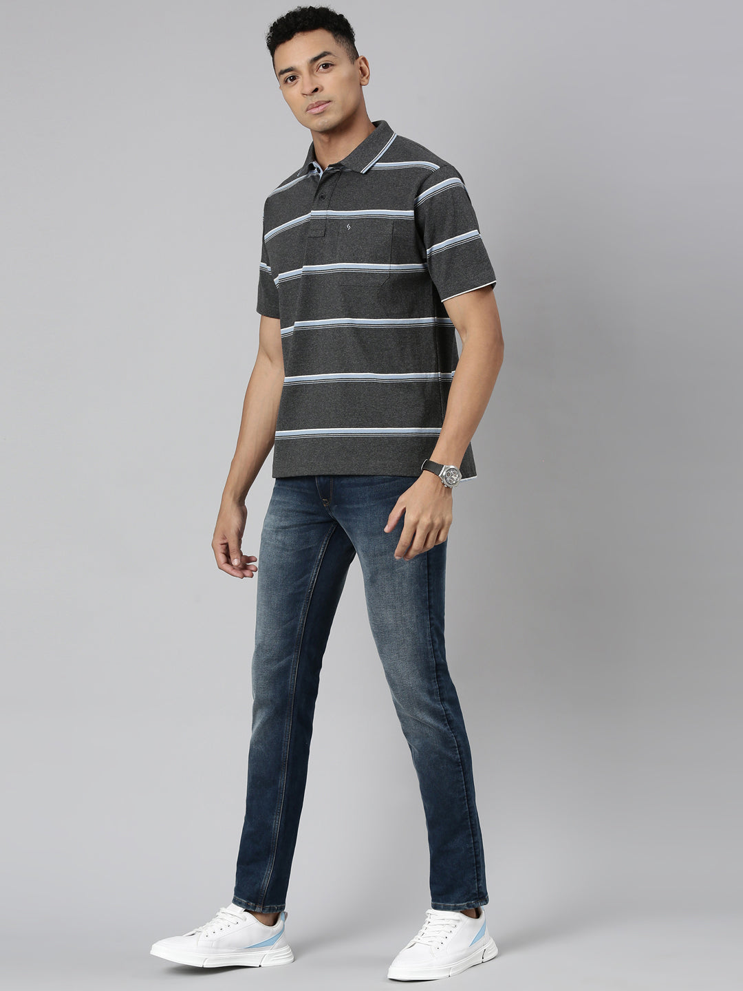 Classic Polo Men's Polo Neck Cotton Navy/Grey Authentic Fit Striped T-Shirt | MEL-254 B AF P